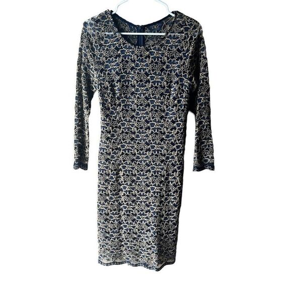 Piperlime Collection Mesh Design Dress Sz M Blue / Tan Floral Long Sleeve Fitted - Picture 1 of 16